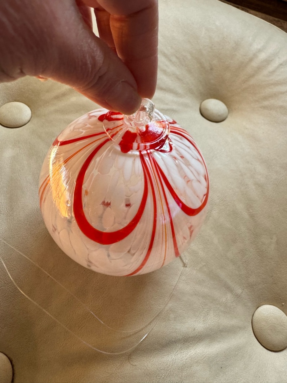 Hand-Blown Glass Ornament in White and Red
